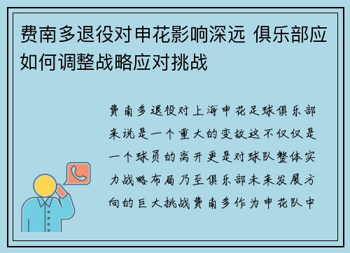 费南多退役对申花影响深远 俱乐部应如何调整战略应对挑战