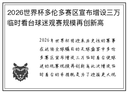2026世界杯多伦多赛区宣布增设三万临时看台球迷观赛规模再创新高