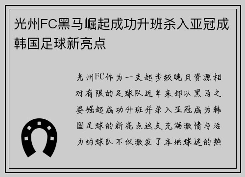 光州FC黑马崛起成功升班杀入亚冠成韩国足球新亮点